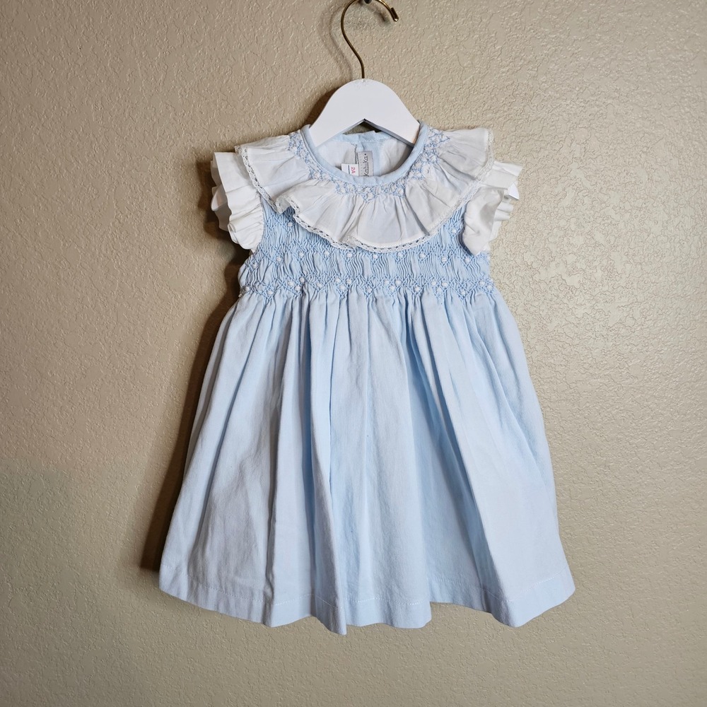 Pukatuka Light Blue Hand Smocked Dress Girls 2T Cotton Lace Ruffle Heirloom